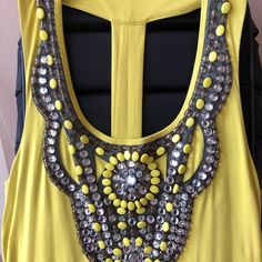 Inc International Concepts Beaded Neon Yellow Midi T Back Dress Size S. Can Be Belted Or Worn Loose. Dress Is Fully Lined. L- 38”, W- 14 1/2. All Stones Set Tightly. No Flaws Or Stains. Only Selling Because I’ve Never Used It But Still Love It! Prettier In Person And A Very Fun, Bright Color. Just Wearing It Will Make You Happy! Yellow Embellished Party Dress, Yellow Embellished Sleeveless Dress, Sleeveless Yellow Embellished Dress, Embellished Sleeveless Yellow Dress, Yellow Embellished Dress For Summer, Loose Dress, Back Dress, Embellished Dress, Neon Yellow