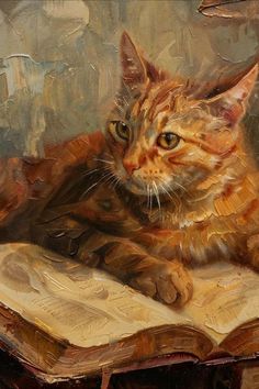 a painting of a cat laying on top of an open book