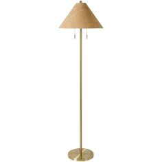 a gold floor lamp with a beige shade