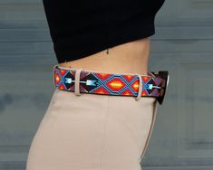 Leather beaded belt with removable Grace buckle. Ipanema design (southwestern inspired).If you don't see your size, send an email to sales@sambboho.com. We can make the belt in any sizes you want. This belt is part of our made to order collection. Estimated delivery date for made to order items is 15-20 business days (includes processing+ shipping time). Very unique and long lasting Brazilian leather belts. Fully handmade. Beautiful art pieces made of un-dyed full grain leather and Slovakian gla Women's Belts, Beaded Belt, Vogue Magazine, Bead Leather, Leather Belts, Long Pants, Belts For Women, Full Grain Leather, Beautiful Art