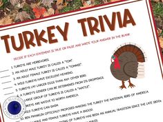 a turkey trivia with the words turkey trivia written in brown and red on it