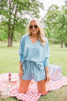 No Complaints Light Blue Floral Terry Cloth Top Blue Shorts For Spring Lounging, V-neck Sleepwear For Summer, Blue V-neck Sleepwear For Vacation, Blue V-neck Sleepwear For Spring, Daisy Outfit, Wedding Swimwear, Cocktail Dress Wedding Guest, Top With Shorts, Holiday Party Fashion