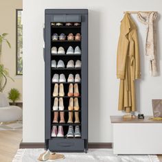 the shoe cabinet is filled with many pairs of shoes