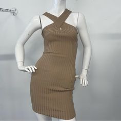 Brown Crossover Neck Body On Dress. Hits Above Knee. Ribbed Stretchy Material. Brand New! Ribbed Beige Dress For Day Out, Beige Ribbed Dresses For Day Out, Ribbed Beige Mini Dress For Spring, Beige Ribbed Dress For Day Out, Beige Stretch Mini Dress For Day Out, Stretch Beige Mini Dress For Day Out, Casual Beige Bodycon Dress For Date Night, Brown Ribbed Midi Dress For Summer, Brown Ribbed Dress For Date Night