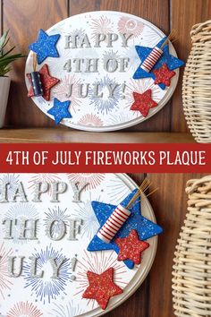 two fourth of july fireworks plates on a wooden table with plants and potted plant