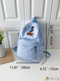 BirdinBag - Preppy Blue Checkered Pattern Classic Backpack with Letter Patch - Ideal for School Trendy Blue Backpack For School, Trendy Blue School Backpack, Trendy Blue Backpack For Everyday Use, Trendy Blue Student Backpack, Trendy Blue Backpack For Daily Use, Blue Large Capacity Shoulder Bag For Back To School, Blue Backpack Shoulder Bag For School, Blue Rectangular Shoulder Bag For Back To School, Trendy Light Blue Backpack For Back To School