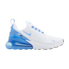 Find NIKE Wmns Air Max 270 ' University Blue on Editorialist. Wmns Air Max 270 'White University Blue' Nike Air 270s, Nike Shoes 270, Air 270 Nike, Nike 270 Women, Basketball Shoes Women's, Vball Shoes, Air Maxes, Womens Nike Air Max 270, Nike Air Max 270 White