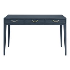 a blue table with two drawers on top and one drawer open to reveal the bottom