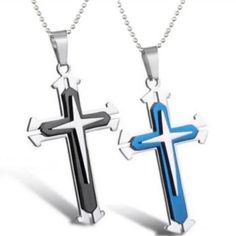 Brand New Set Of 2 Cross Pendant Necklace Chain Blue & Black Religious Jewelry 18" Silver Tone Chain Will Make A Great Gift Unisex J69-2 Blue Cross Necklace As Gift, Blue Stainless Steel Necklace For Gift, Blue Stainless Steel Necklace Ideal For Gift, Blue Stainless Steel Necklace With Adjustable Chain, Blue Stainless Steel Chain Jewelry, Gift Black Cross Necklace With Chain, Black Cross Necklace With Chain As Gift, Cross Pendant Men, Cross Pendent