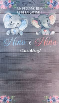 a wooden sign with two elephants on it and flowers around the edges that says, nino & nina que dices?