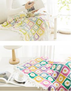 two photos of a woman reading a book on a bed with a crocheted blanket