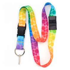 a lanyard with a keychain made out of multicolored polka dots