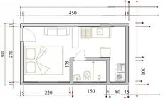 the floor plan for a small apartment with one bedroom and an attached kitchenette area