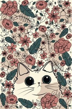 Persian cat with flowers and leaves abstract art. Cat Phone Wallpaper, Aesthetic Cat, Persian Cat, Cute Wallpaper Backgrounds, الرسومات اللطيفة