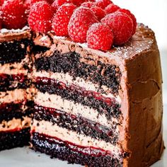 a chocolate and raspberry layer cake on a plate