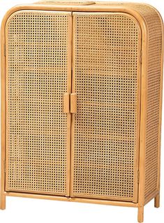 a wooden cabinet with wicker doors on the front and side panels, made out of bamboo