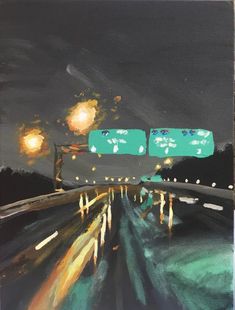 an oil painting of a highway at night