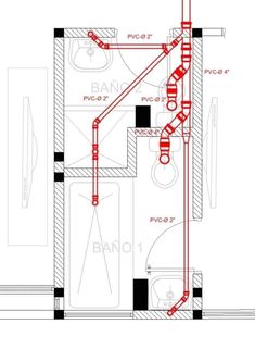 a drawing of a bathroom with red piping on the wall and pipes running through it