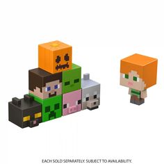 an image of three different minecraft figurines on a white background with the text, each sold separately subject to available