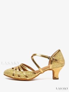 Lasaky - Premium Ballroom Dance Shoes - Elegant Gold Round Toe Design with Buckle for Latin Dance Fitted Round Toe Heels For Dance Class, Fitted Wedding Shoes With Round Toe For Dance, Round Toe Sandals For Dance, Fitted Round Toe Sandals For Dance, Pointed Toe Dance Shoes With Heel Strap, Adjustable Ankle Strap Dance Shoes, Dance Shoes With Heel Strap And Round Toe, Gold Ankle Strap Dance Shoes, Fitted Gold Dance Shoes