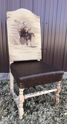 a wooden chair with a horse on it