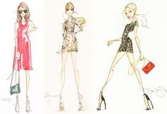 three fashion sketches of women in short dresses and high heeled shoes, one with a handbag