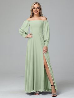 Mirabelle Off Shoulder Long Sleeves Chiffon Bridesmaid Dresses Off-shoulder Chiffon Maxi Dress For Wedding, Long Sleeve Evening Dress With Sweep Train For Bridesmaid, Formal Full Length Chiffon Dress, Flowy Full Length Formal Dresses, Flowy Full-length Formal Dresses, Chiffon Long Sleeve Gala Gown, Chiffon Long Sleeve Dresses With Sweep Train, Long Sleeve Chiffon Gown For Gala, Fitted Bodice Long Sleeve Evening Dress For Bridesmaid