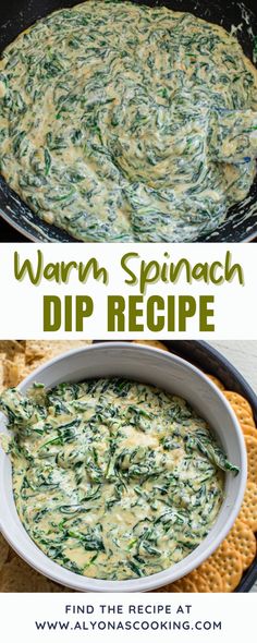 spinach dip recipe in a skillet with crackers