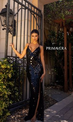 Like sparkly fireworks, this broken-glass long sequin formal dress 4151 shines under the lights like no other. With mirror-like broken-glass sequins from the v-neckline to the hem, this gorgeous long dance dress is a dazzling choice for prom, galas, and other black-tie formals. From Primavera, this sensational long designer dress has thin shoulder straps that lace up over the open back, while the tight skirt has a side slit that adds a sexy vibe to the party. Luxuriously radiant, this broken-gla Black Long Sequin Dress, Dresses For Prom, Black Tie Formal, Long Formal Dress, Sequin Formal Dress, Dressing Mirror, Broken Glass, Prom Girl, Under The Lights