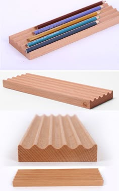 three different types of pencils are shown in this photo and the same is made out of wood