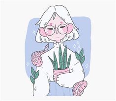 an old woman with glasses holding a plant in her hands and the words, i love you