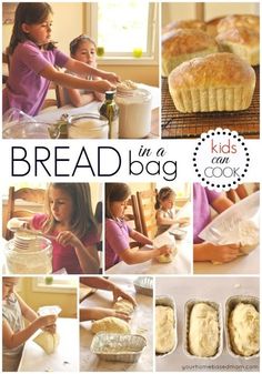 a collage of pictures with bread in a bag and kids making muffins