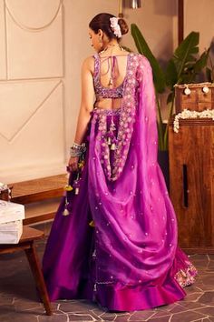 Purple can can attached lehenga featuring thread embroidered elephant patchwork motifs, embellished by sequins and beads. Comes with padded embroidered cut-out blouse and dupatta. - Aza Fashions Navratri Organza Chandbali Choli, Navratri Chandbali Organza Choli, Purple Organza Lehenga With Cutdana Detailing, Organza Choli With Traditional Drape And Pallu, Purple Chanderi Choli For Reception, Purple Tissue Silk Lehenga With Sheer Dupatta, Purple Resham Embroidered Lehenga In Tissue Silk, Purple Tissue Silk Sets For Reception, Purple Tissue Silk Lehenga With Pallu