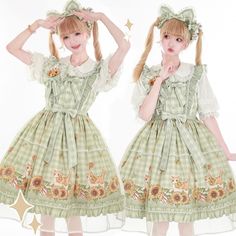 Step into a world of enchanting cuteness with our Sweet Kitty and Sunflowers Print Green Plaid Pattern Lolita Dress. This delightful dress features a charming combination of playful kitty and vibrant sunflower prints set against a classic blue plaid background. The design exudes a whimsical yet elegant vibe, perfect for any Lolita fashion enthusiast.  Sweet kitty and sunflower motifs bring a touch of playful charm. Timeless green plaid pattern adds a traditional Lolita aesthetic. Perfect for tea Fairy Kei Dresses For Summer Garden Party, Cute Green Ruffled Dresses, Cute Green Dresses With Ruffles, Fairy Kei Short Sleeve Spring Dress, Cute Floral Print Dresses, Whimsical Floral Print Dress With Short Sleeves, Kawaii Ruffle Dress For Garden Party, Sweet Green Sleeveless Dress, Cute Summer Dresses With Floral Patchwork