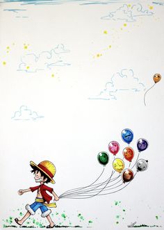 a drawing of a boy with balloons flying in the sky