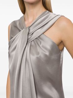 Find ALBERTA FERRETTI Gathered Satin Blouse on Editorialist. light grey satin finish gathered detailing asymmetric neck sleeveless rear button fastening straight hem Elegant Sleeveless Gray Tops, Chic Gray Evening Tops, Elegant Silver Sleeveless Top, Dhoma Gjumi, Ski Shoes, Prada Re Edition, Logo Jewelry, Statement Shoe, Belted Jacket