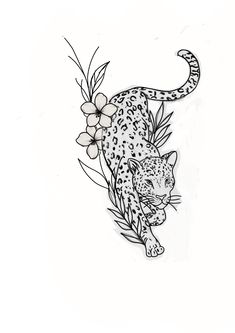 a black and white drawing of a leopard with flowers on it's back side