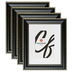 three black and gold frames with the letter g on it's bottom, one is in