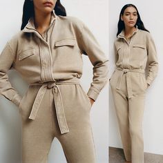 New With Tag Zara Washed Effect Long Utility Jumpsuit Soft Cotton Sweatshirt Fabric Khaki Tan Belted Nwt Small Sm Brand New With Tag! Khaki Tan Soft 100% Terry Cotton Belted Front Hidden Zipper Opening Faded Washed Effect Hidden In Seam Side Pockets Size Small Approx Measurements Laying Flat: Pit To Pit 19” Waist 16” Inseam 31” Length 60” (Can Be Shortened By Cinching Waist With Belt ) Tags: Washed Faded Effect Casual Soft Cozy Athleisure Fleece Terry Cotton Blogger Bloggers Favorite Pockets Gre Casual Beige Long Sleeve Jumpsuits And Rompers, Beige Long Sleeve Casual Jumpsuit, Beige Cotton Jumpsuits And Rompers For Fall, Beige Jumpsuits And Rompers For Fall Loungewear, Chic Khaki Jumpsuits And Rompers With Pockets, Beige Overall Jumpsuit For Fall, Khaki Cotton Long Sleeve Jumpsuits And Rompers, Casual Cream Jumpsuits And Rompers For Loungewear, Beige Overall Jumpsuit For Loungewear