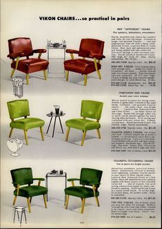 an advertisement for the vion chairs with different styles and colors, including green upholstered