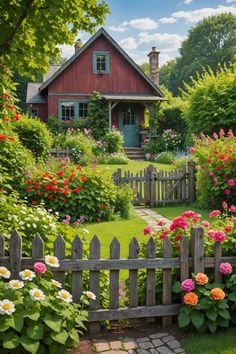 a garden with flowers and a wooden fence in front of a red house on a sunny day