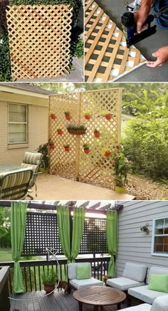 four pictures showing different types of outdoor furniture and accessories in the same photo, including a patio