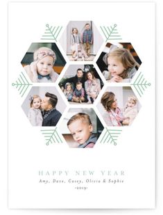 a holiday card with the words happy holidays and six pictures of children in hexagons