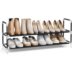 several pairs of shoes are lined up on a metal rack, with one shoe in the middle