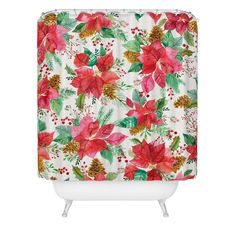 a shower curtain with poinsettia and pine cones on it, in white