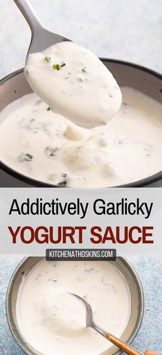 a spoon full of yogurt sauce in a skillet with the title above it