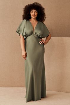 Timelessly elegant, the BHLDN Leila Deep-V Flutter-Sleeve Satin A-Line Gown pairs a gracefully draped bodice with soft sleeves and a flowy skirt. A daring plunge neckline completes the look. | Leila Deep-V Flutter-Sleeve Satin A-Line Gown by BHLDN in Green, Women's, Size: 0, Polyester/Satin at Anthropologie Plus Size Bridesmaid Dresses, Bhldn Bridesmaid, Charmeuse Dress, Draped Bodice, Bridesmaid Dresses Plus Size, Wedding Top, Plunge Neckline, Satin Color, Satin Maxi