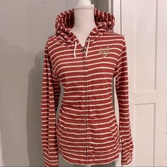 Red & Cream Striped Gold Logo On Left Chest Size Large Washed, Never Worn Red Casual Hoodie For Loungewear, Cozy Red Tops For Spring, Cozy Red Cotton Tops, Cozy Red Cotton Top, Obey Sweatshirt, Gold Logo, Chest Size, Zip Sweatshirt, Sweatshirts Hoodie