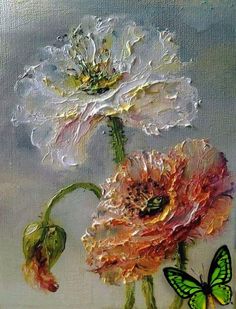 an oil painting of two flowers on a white background