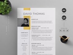 a clean and modern resume template with yellow accents on the front, side and back